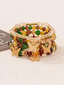 4 piezas/Set Pulsera de cuerda elástica con cuentas y colgante de mariposa de aleación estilo bohemio multicapa Temporada de regreso a la escuela - Multicolor - Ver 14