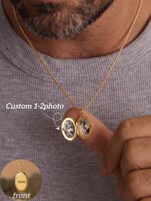 1PC Customized Men's Locket Necklace With Minimalist Oval Design, Openable Design Supports 1-2 Photos, Front Engraved With Exclusive Name, Keeps Important Memories Close To The Heart. Rugged And Versatile Gold-Plated Cuban Chain Fits Multiple Outfits, Popular Men's Commemorative Accessory, Also A Hot-Selling Choice For Father's Day, Birthday Gift. - Photo Box Necklace (corn Chain) - View 2