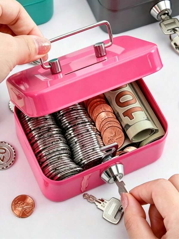 Lockable Steel Mini Cash Box, Compact Secure Storage Container With Portable Handle, No Tray Coin Bank, Cash & Coin Can. Steel Construction Ensures Durability And Strength. Perfect For Storing Cash, Resistant To Drops And Impacts. Suitable For Schools, Supermarkets, Lockers, Cabinets, Homes And Yards, Specifically For Storing Banknotes, Coins, Checks And Receipts. Available In Multiple Colors.