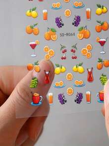 1Sheets Fruit Summer Nail Stickers 5D Embossed Orange Lemon Cherry Drink Design Self Adhesive Nail Decals, Cute Juicy Fresh Fruits Nail Art Decorations,For Summer Beach Vacation DIY Nail Decor - Multicolor - View 1