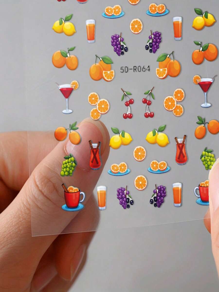 1Sheets Fruit Summer Nail Stickers 5D Embossed Orange Lemon Cherry Drink Design Self Adhesive Nail Decals, Cute Juicy Fresh Fruits Nail Art Decorations,For Summer Beach Vacation DIY Nail Decor - Multicolor - View 1