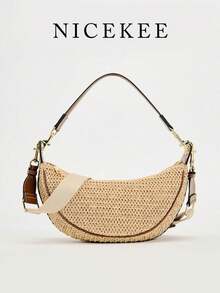 Holiday Style Shoulder Underarm Bag, Adjustable Strap, Lightweight Versatile Crescent-Shaped Woven Bag, Suitable For Shopping, Dating And Vacation - Beige - View 2