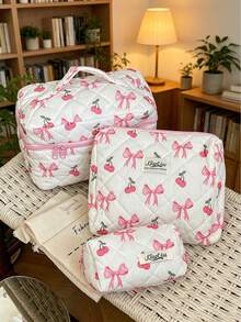 1 pieza/Set Bolsa de cosméticos acolchada con estampado lindo de cereza & lazo, almacenamiento para artículos de tocador, bolsa multiusos para maquillaje & artículos sanitarios para niñas, uso de viaje & diario - Multicolor - Ver 3