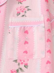 2pcs Set Comfortable Minimalist Pink Striped Floral Print Short Sleeve Pocket Collared Top And Bow Shorts Women's Pajama Set Loungewear - Pink - View 5