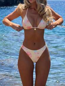 2pcs Floral Print Cute Tie Back Backless Women Bikini Swimwear, Vacation Beach, Spring/Summer - Multicolor - View 1