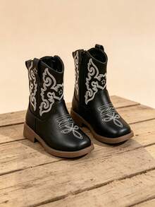 1 Pasang Sepatu Bot Koboi Western Bordir Hitam Unisex Anak-Anak, Resleting Samping, Hak Rendah, Setengah Betis, Sepanjang Musim - Hitam - View 1