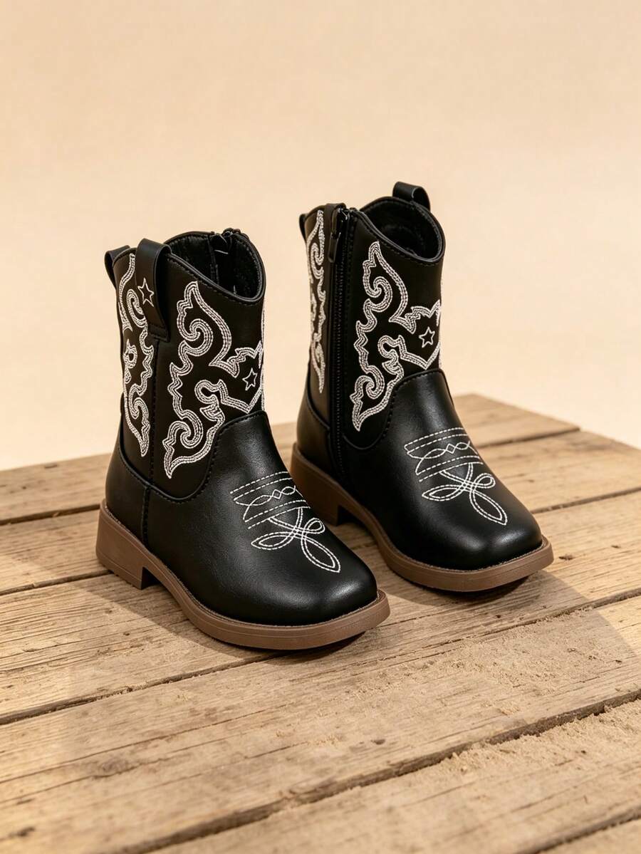 1 Pasang Sepatu Bot Koboi Western Bordir Hitam Unisex Anak-Anak, Resleting Samping, Hak Rendah, Setengah Betis, Sepanjang Musim - Hitam - View 1