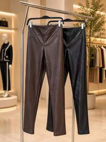 Women's PU Leather Leggings With Thermal Lining, High Waist, Butt-Shaping, With Stitching - 巧克力棕 - 查看 4