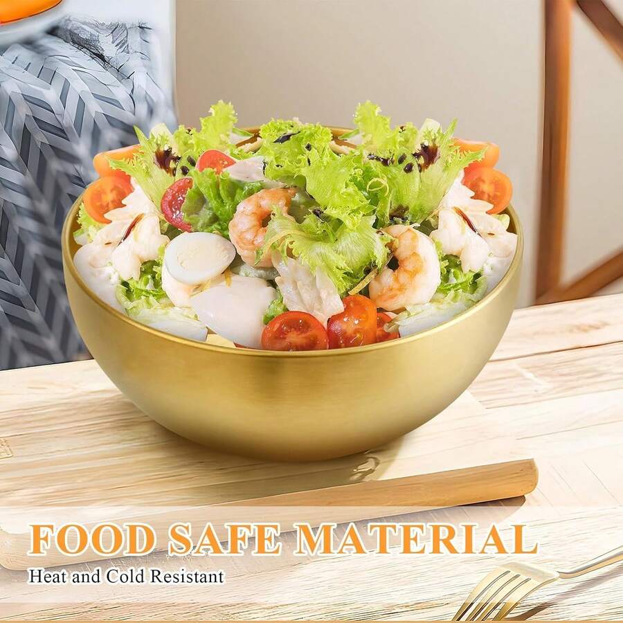 1pc/2pcs Stainless Steel Gold Salad Bowl, Rust-Proof, Drop-Resistant, Easy To Clean, Suitable For Holding Fruit, Noodles, Snacks, Salad And Baked Goods - Multi-Functional Kitchen Utensil, Home, Catering And Study Supplies