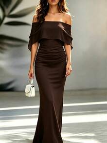 New Fashionable Romantic Elegant Chiffon Shawl Collar Ruched Bodycon Maxi Dress, Solid Color Slimming, Vintage Open Back Party - Brown - View 3