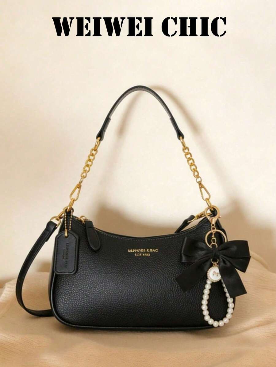 Bolso de hombro de mujer de PU negro de moda, bolso de mano con forma de media luna con correa de hombro ajustable y asa superior, decorado con patrón de mantequilla negra - Negro - Ver 1