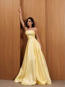 Women's Strapless Long Party Dress In Glossy Zibeline Fabric With Padded Cups And Adjustable Back | For Graduation, Wedding, And Bridesmaid - 黃色 - 查看 1