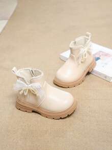 Classic Ankle Boots Style, Rounded Wide Toe Box, Fits Children's Developing Feet, No Toe Squeezing; Creamy Apricot Matte PU Upper, Soft Texture, - Beige - View 1