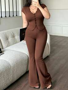 abyoxi Women's Plus Size Brown Lace Patchwork Short Sleeve V-Neck Single-Breasted Cinched Waist Slim Fit T-Shirt And Flare Pants 2-Piece Set, Vintage Elegant, Casual, Office Commute, Date, Daily Outing, Knit Top And Long Pants Summer Set - Brown - View 6