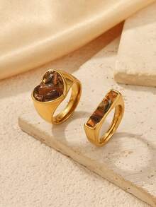 2pcs Stainless Steel Gold-Tone Heart-Shaped Rings With Brown Resin Inlay, Rectangular Polished Surface, Fashion Minimalist Style, Suitable For Women's Daily Wear Or Gift - Yellow Gold - View 6