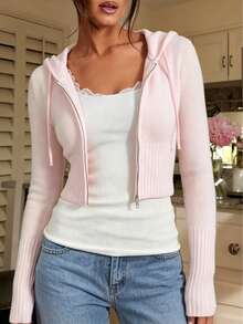 Women's Pink Knitted Short Zip-Up Hoodie Long Sleeve Sweater, Essential Casual Wear For Spring. - Pink - View 5