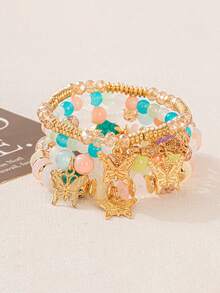 4 piezas/Set Pulsera de cuerda elástica con cuentas y colgante de mariposa de aleación estilo bohemio multicapa Temporada de regreso a la escuela - Multicolor - Ver 10