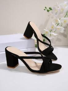 Women's Cross Strap High Heel Sandals, Minimalist Round Toe Suede Leather Commuter Spring/Summer New Office Versatile Open Toe Backless Platform Fashion Lady Chunky Heel Fashion Sandals - Black - View 6