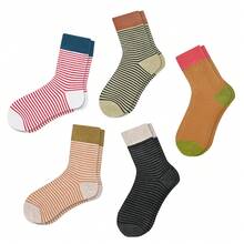 5 Pairs Women's Striped Mid-Calf Socks, Maillard Color-Block Korean Ins Style Patchwork Casual Versatile Retro Slouch Socks - Multicolor - View 2