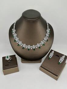 5pcs/Set. Bride Jewelry Set Luxury Women's Wedding Party White Red Green Cubic Zirconia Necklace Earrings Bracelet Ring 4pcs Set Evening Party Jewelry, Mother's Day Valentine's Day Gift - Green - View 3