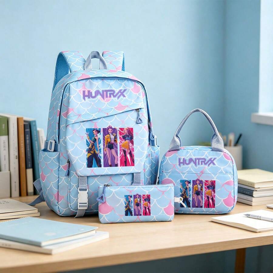 Miniso Huntrx 3Pcs Canvas Backpack Set, Vibrant Poster Style Print Multi-Purpose Bag Set - Blue - View 1