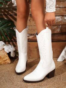 Women's Embroidered Western Mid-Calf Slip-On Boots With Floral Pattern And Chunky Heel - White - View 3
