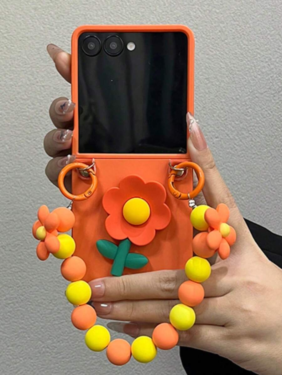 New Fashion 3D Floral Orange Phone Case, Compatible With Samsung Galaxy ZFlip 8 Z Z Flip6 ZFlip 5 Z Flip4 ZFlip 3, Shockproof Hard Shell Back Cover, With Floral Beaded Wrist Strap