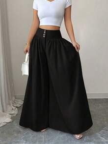 Plus Size Women's Elegant Button Wide Leg Pants With Pockets Loose Draped Wide Leg Trousers - Black - View 4