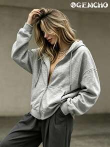 GEMCHO Hoodie Wanita Kasual Longgar dengan Bahu Jatuh, Resleting, dan Tali Serut, Dilengkapi Kantong - Cocok untuk Beraktivitas di Luar Ruangan dan Olahraga, Nyaman Dipakai - Gaya Musim Gugur/Dingin - Light Grey - View 2
