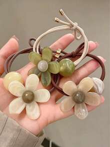Cute & Stylish Minimalist Acrylic Flower Hair Tie, High Elasticity Thick Hair Band For Women, INS Style Jelly Color Floral Hair Scrunchie, Versatile Ponytail Hair Accessory For Girls - Multicolor - View 3