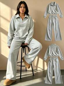 Women's 2-Piece Set With Striped V-Neck Off-The-Shoulder Long-Sleeve Top And Elastic Waist Striped Pants, Winter Sweater Suit, Autumn/Winter - 灰色 - 查看 1