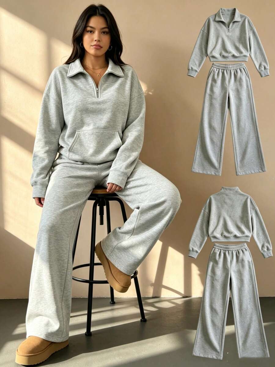 Women's 2-Piece Set With Striped V-Neck Off-The-Shoulder Long-Sleeve Top And Elastic Waist Striped Pants, Winter Sweater Suit, Autumn/Winter - 灰色 - 查看 1