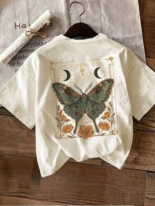 Retro-Colored Butterfly Pattern Front And Back Print Women'S Round Neck Short-Sleeved T-Shirt Spring And Summer Casual Loose Commuting Top Suitable Fo - 白色 - 查看 8