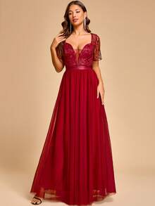 Women's Mesh Patchwork Pleated Elegant Cinched Waist Evening Bridesmaid Dress - Burgundy - View 7
