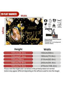 1pc Customizable Photo, Name, Year Black & Gold Balloon "Happy Birthday" Backdrop, Gold Gift Box, Personalized Design, Birthday, Bride, Gift Giving, Scene Decor, Vinyl Graphic Print Photography Prop,Party Top, Personalized Birthday - Multicolor - View 5