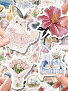 50 piezas de pegatinas de estilo campestre francés juguetón, calcomanías de gatos florales de acuarela y muebles vintage, adecuadas para decoración de cuadernos, relleno de bolsas de regalo y entusiastas de manualidades de estilo campestre, útiles escolares - 7*6*1 - Ver 2