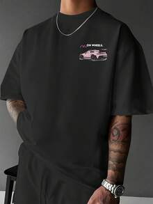 Men's Supercar Print T-Shirt, Casual Street Style, Round Neck, Loose Fit, Free Shipping, Family Matching Outfit For Adult And Children's Sizes, Men's - Black - View 2