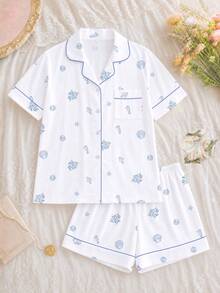 2件組女款睡衣套裝，海馬印花，女款居家服，春夏度假穿搭，短袖上衣與短褲套裝 - 白色 - 查看 10