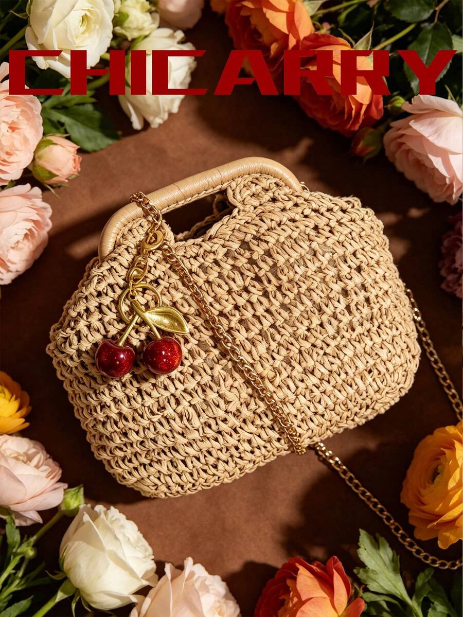 Summer Women's Khaki Woven Straw Bag, Cherry Charm, Beach Fashion Elegant Chain Crossbody Bag, Vintage Hollow Handbag Beach Bag, Creative Clasp Hardware, Summer Bridal Bag, Women's College Student Bag, Suitable For Parties, Shopping, Vacation, Crochet Bag