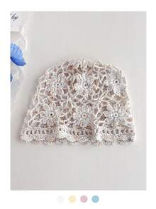Hollow Out Button Thin Slouchy Beanie For Women, Summer Hand Crochet Hollow Out Thin Oversized Breathable Slouchy Beanie, Slouchy Makes Face Look Smaller, Large Head Circumference Head-Wrapping Hat, Summer Thin Large Head Circumference Slouchy Beanie, Knitted Hat, Crochet Knitted Hat, Handmade Hollow Out Flower Head-Wrapping Hat For Women - Multicolor - View 15