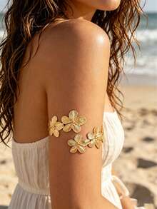1pc/Set Summer Vacation Style Floral Design Women's Open Adjustable Arm Cuff, Suitable For Women's Beach Vacation And Summer Daily Wear - Golden - View 1
