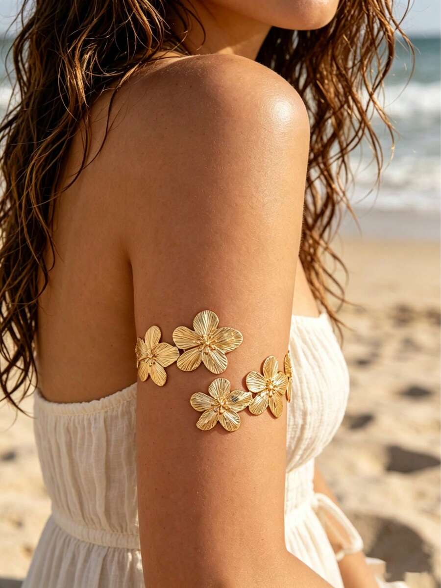 1pc/Set Summer Vacation Style Floral Design Women's Open Adjustable Arm Cuff, Suitable For Women's Beach Vacation And Summer Daily Wear - Golden - View 1