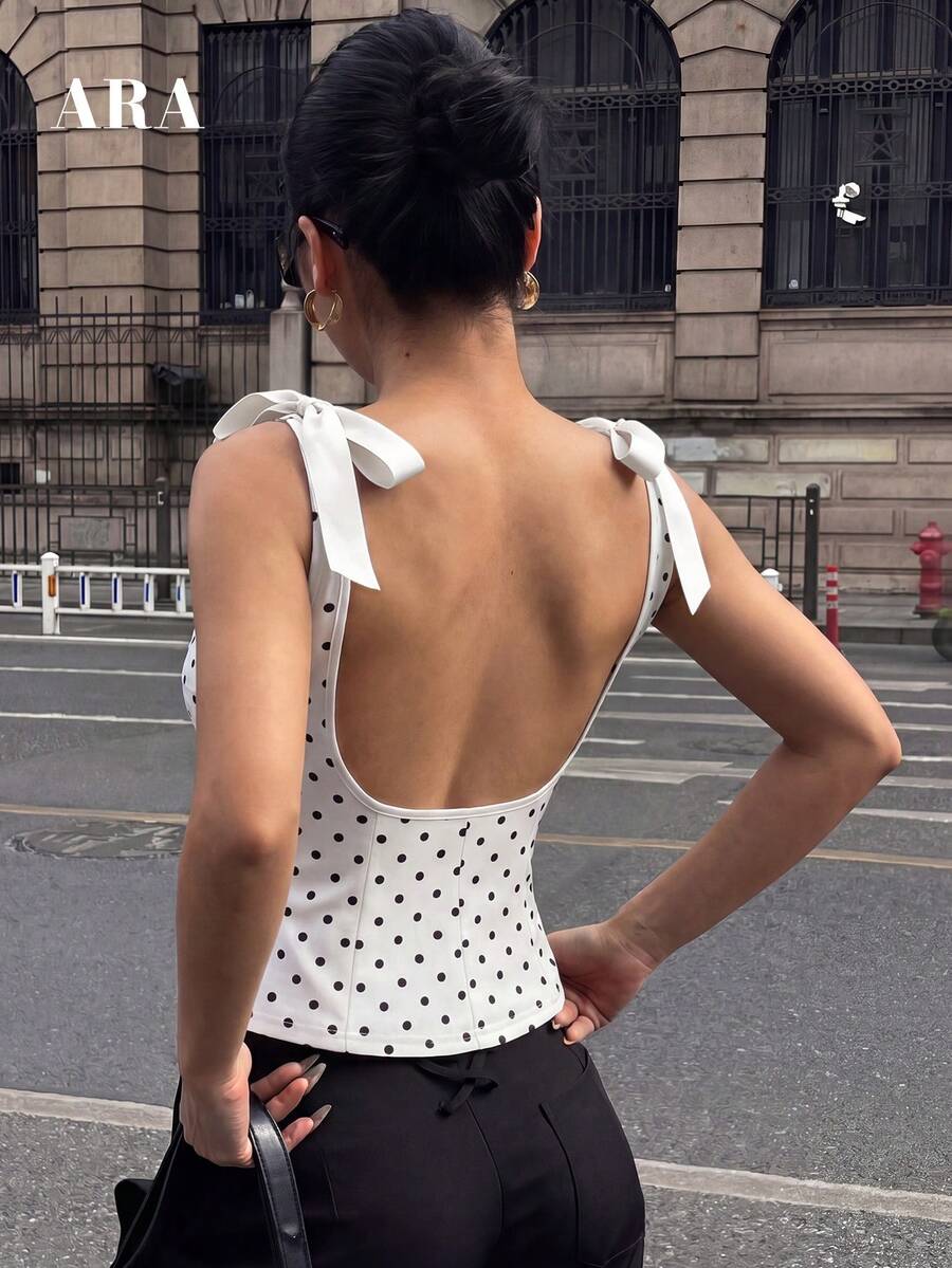 ARA CHIC 女士黑色无袖系带露背短款上衣,蝴蝶结吊带露背短款上衣,适合约会和派对穿着,夏季新品 - 查看 1