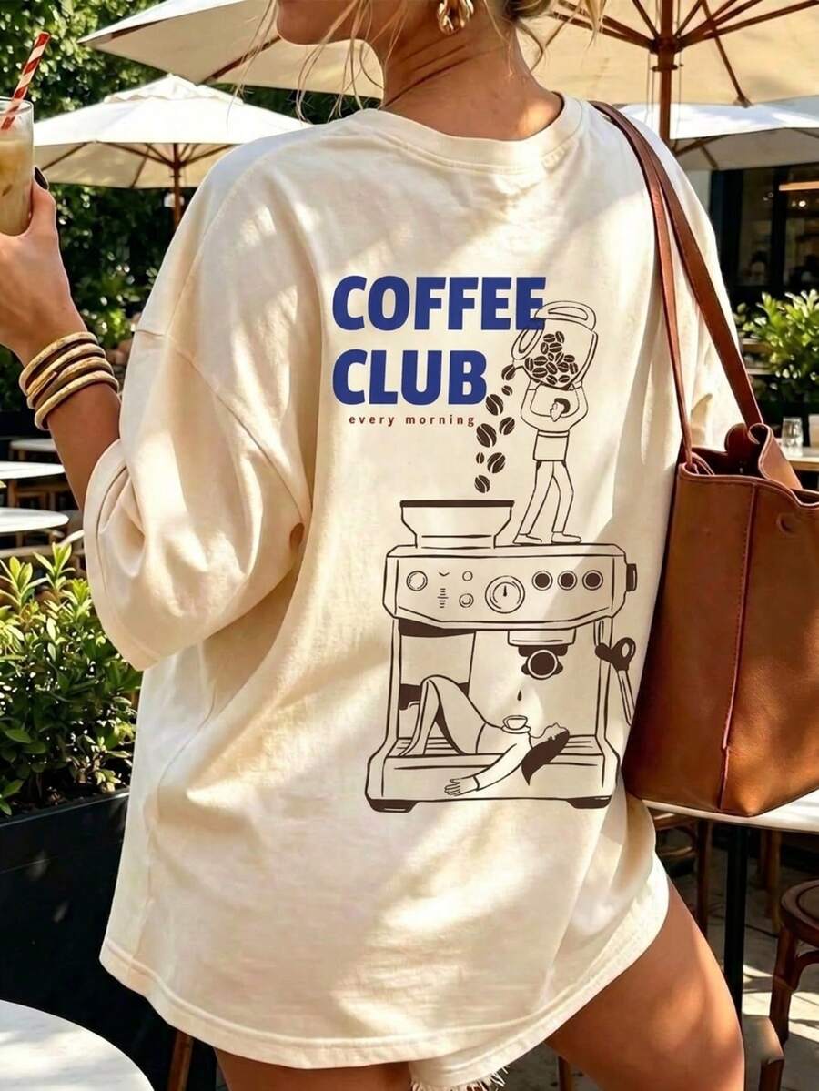 COFFEE CLUB 女士圆领短袖印花T恤，适合夏季、度假、海滩休闲穿着