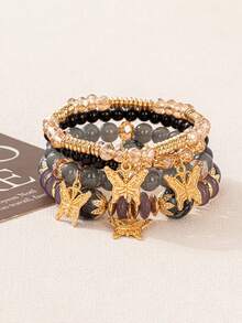 4 piezas/Set Pulsera de cuerda elástica con cuentas y colgante de mariposa de aleación estilo bohemio multicapa Temporada de regreso a la escuela - Multicolor - Ver 20