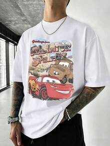 Disney Cars Vintage Poster T-Shirt McQueen Mater Radiator Springs Unisex Loose Cotton Short Sleeve Cool Personalized Top - 白色 - 查看 2