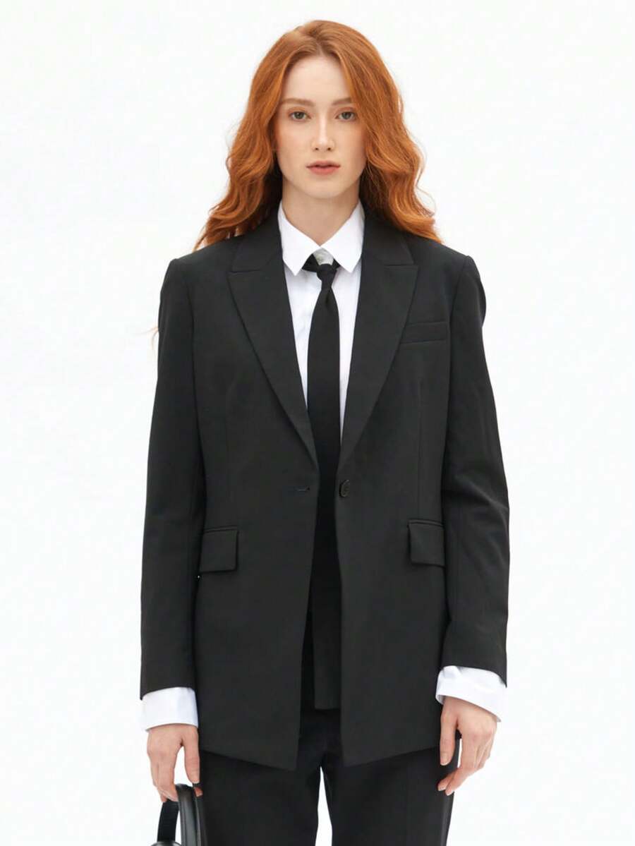 Rich Radi Q's Áo blazer nữ tay dài dáng ôm, chất liệu vải dệt màu đen, có túi, phù hợp cho công sở và các dịp kinh doanh. - màu đen - Xem 1