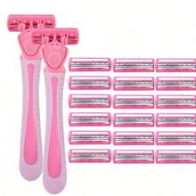 2 Handles + 36 Replacement Blades/3-Layer Manual Razor, Stainless Steel Razor Blades. Sharp, Washable And Reusable, Face Razor, Hair Removal - Pink - View 13
