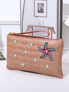 Beach Straw Woven Makeup Bag, Rhinestone Starfish And Pearl Decor, Women's Clutch, Summer Vacation Zipper Coin Purse, Bohemian Style Wrist Bag, Portable Makeup Bag, Woven Wrist Bag, Tropical Style Bag, Suitable For Travel, Beach Vacation, Outings, School, Daily Use, Unique Birthday Gift, Holiday Gift, Party Gift, Vacation Gift, Back To School Gift, Teacher Gift - Multicolor - View 16