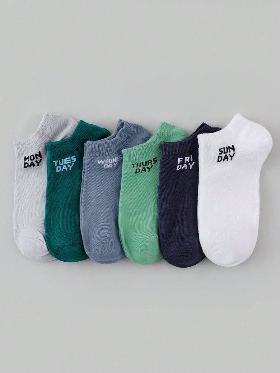 6 Pairs Women's Letter & Weekday Pattern Comfortable Breathable Short Socks - Multicolor - View 1